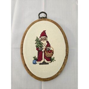 Vintage Cross-stitched and Framed Santa Wall Hanging Piece